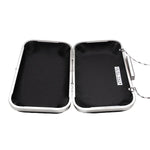 A modern design on clutches with a full open design to easily locate all of your belongings. The frame of this clutch is silver with a black satin lining.