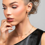 Model wearing a short gold crystal choker necklace paired with a multi-circle crystal and pearl drop earrings