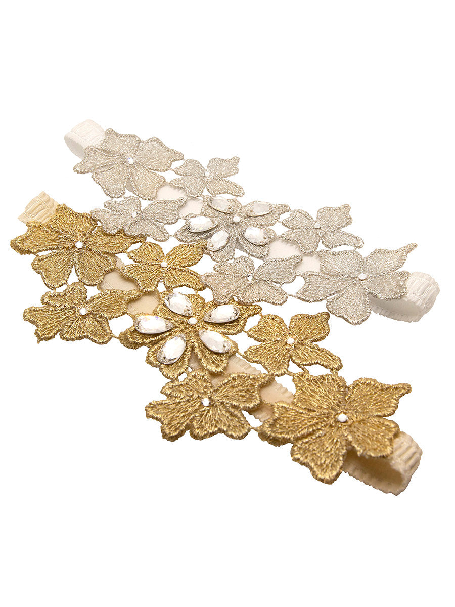 Product shot of the Daya metallic floral garter in gold and silver with Austrian crystals