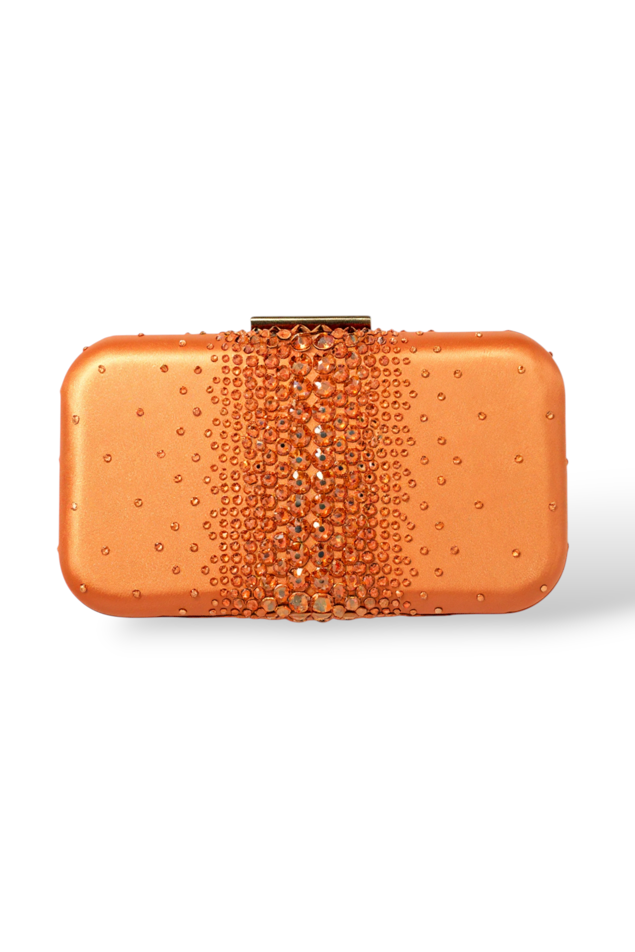 Orange crystal clutch with teal satin lining by Ariel Taub, inspired by Taylor Swift’s Life of a Show Girl