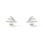 Quinn sterling silver triple bar pave crystal post earrings with a pearl at the bottom.