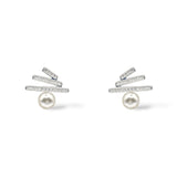 Quinn sterling silver triple bar pave crystal post earrings with a pearl at the bottom.