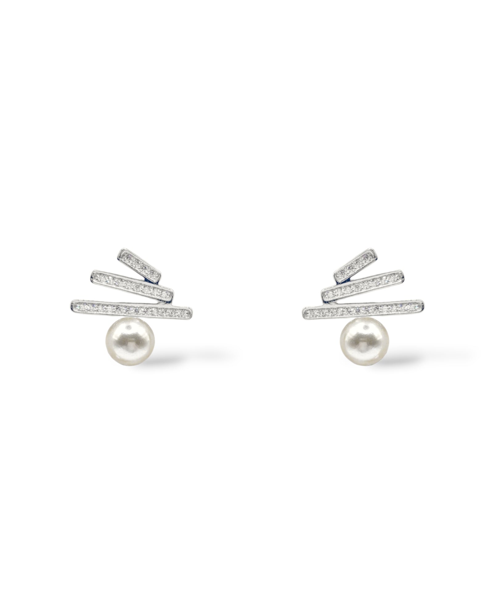Quinn sterling silver triple bar pave crystal post earrings with a pearl at the bottom.