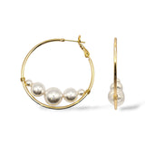 Front and side views of the Rio large gold-plated hoop earrings with floating Austrian pearls, perfect for modern fashion looks.