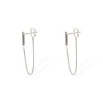Side view of the Sophia earrings in rhodium-plated silver with delicate chain drop.