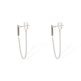 Side view of the Sophia earrings in rhodium-plated silver with delicate chain drop.