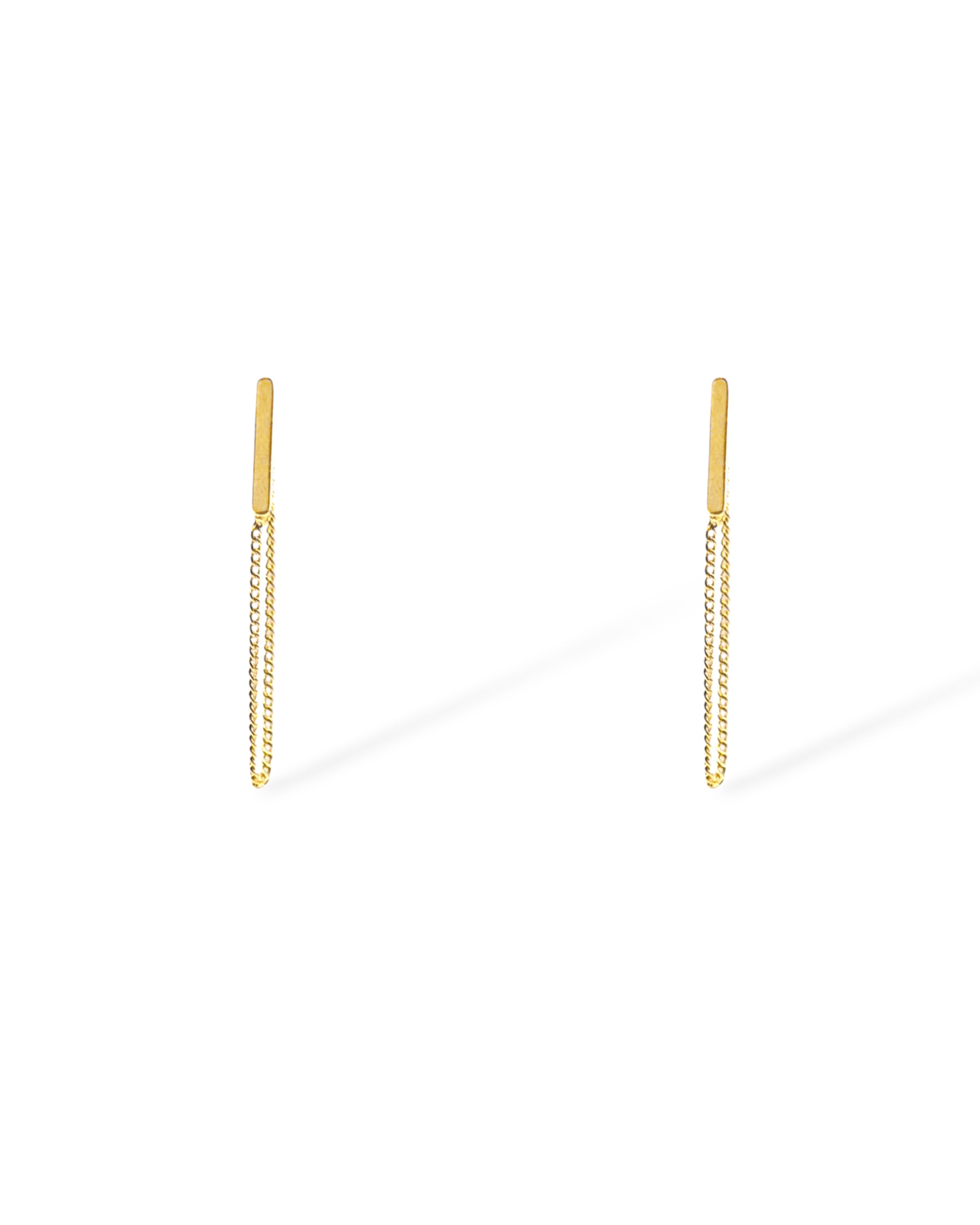 Front view of the Sophia earrings in gold showing minimalist bar and chain silhouette