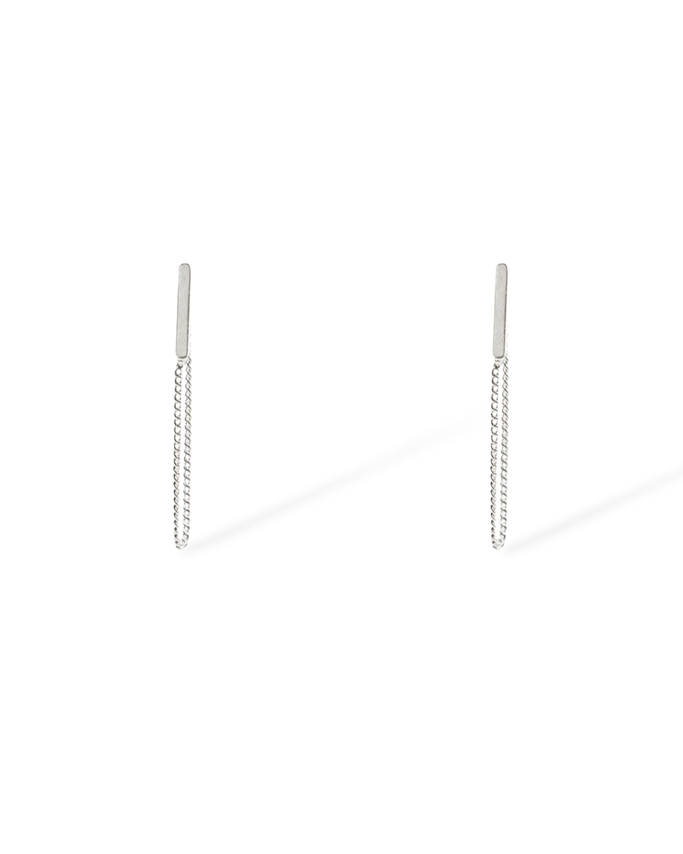Front view of the Sophia earrings in silver showcasing the modern bar and chain style.