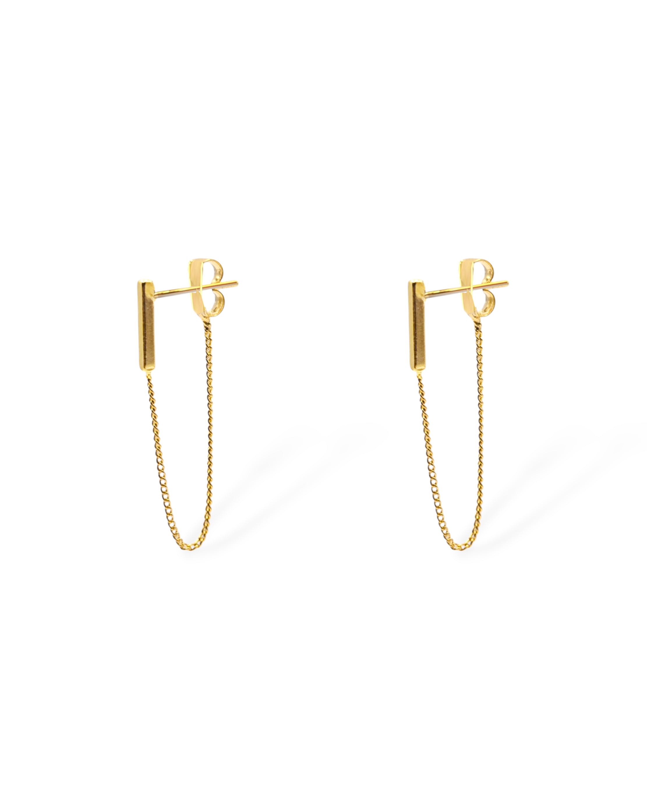 Side view of the Sophia earrings in rhodium-plated silver with delicate chain drop.