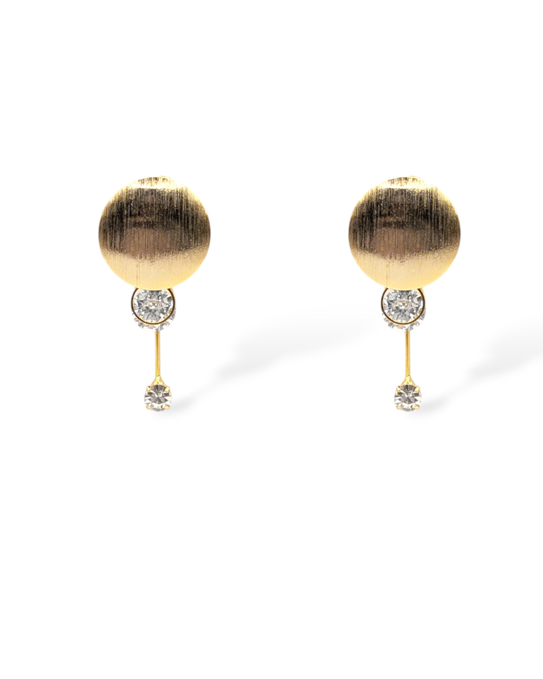 Stacey gold drop earrings with brushed metal discs and CZ crystals