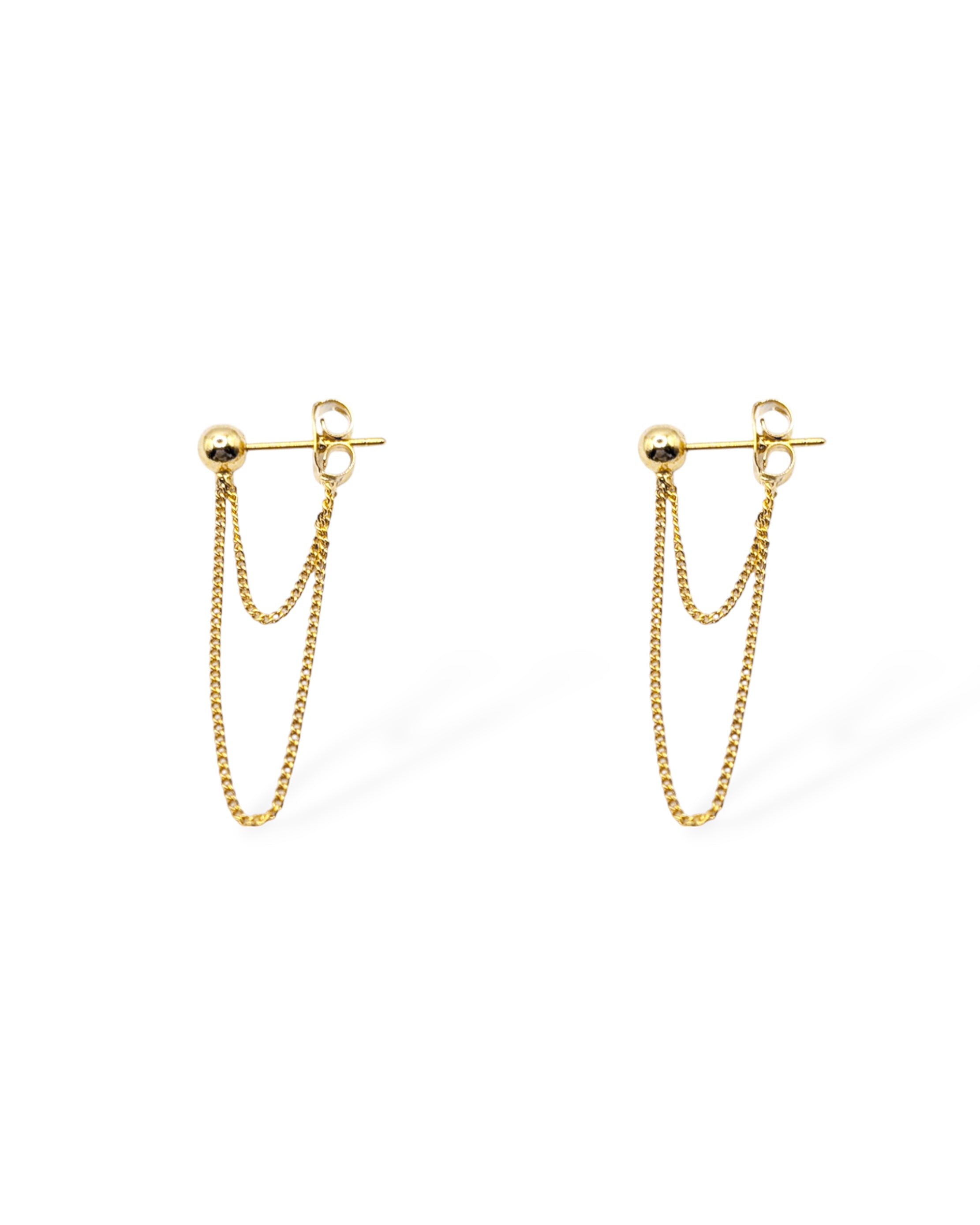 Side view of Stevie earrings in gold showing chain detail and butterfly back