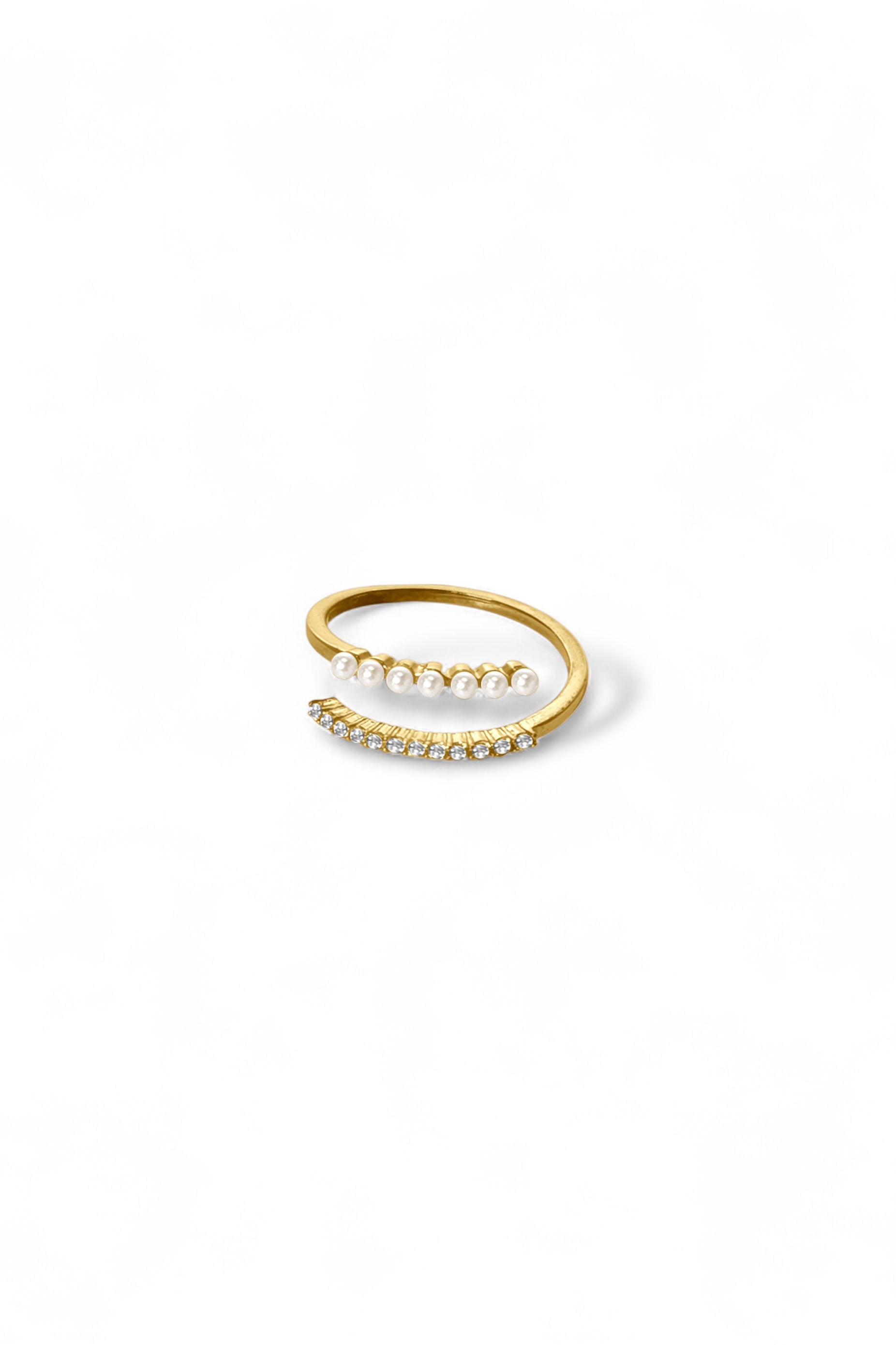 Tai gold split band ring with pavé crystals and micro pearls by Ariel Taub