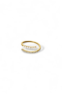 Tai gold split band ring with pavé crystals and micro pearls by Ariel Taub