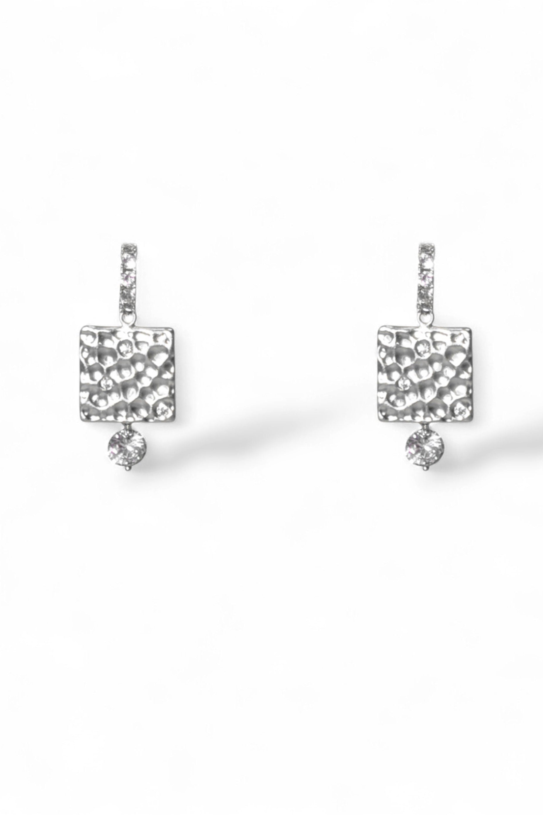 Tatiana silver hammered square crystal drop earrings by Ariel Taub