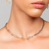 Model wearing Tiffany necklace with pendant in the back by Ariel Taub, showing the front view of the mix metal choker necklace