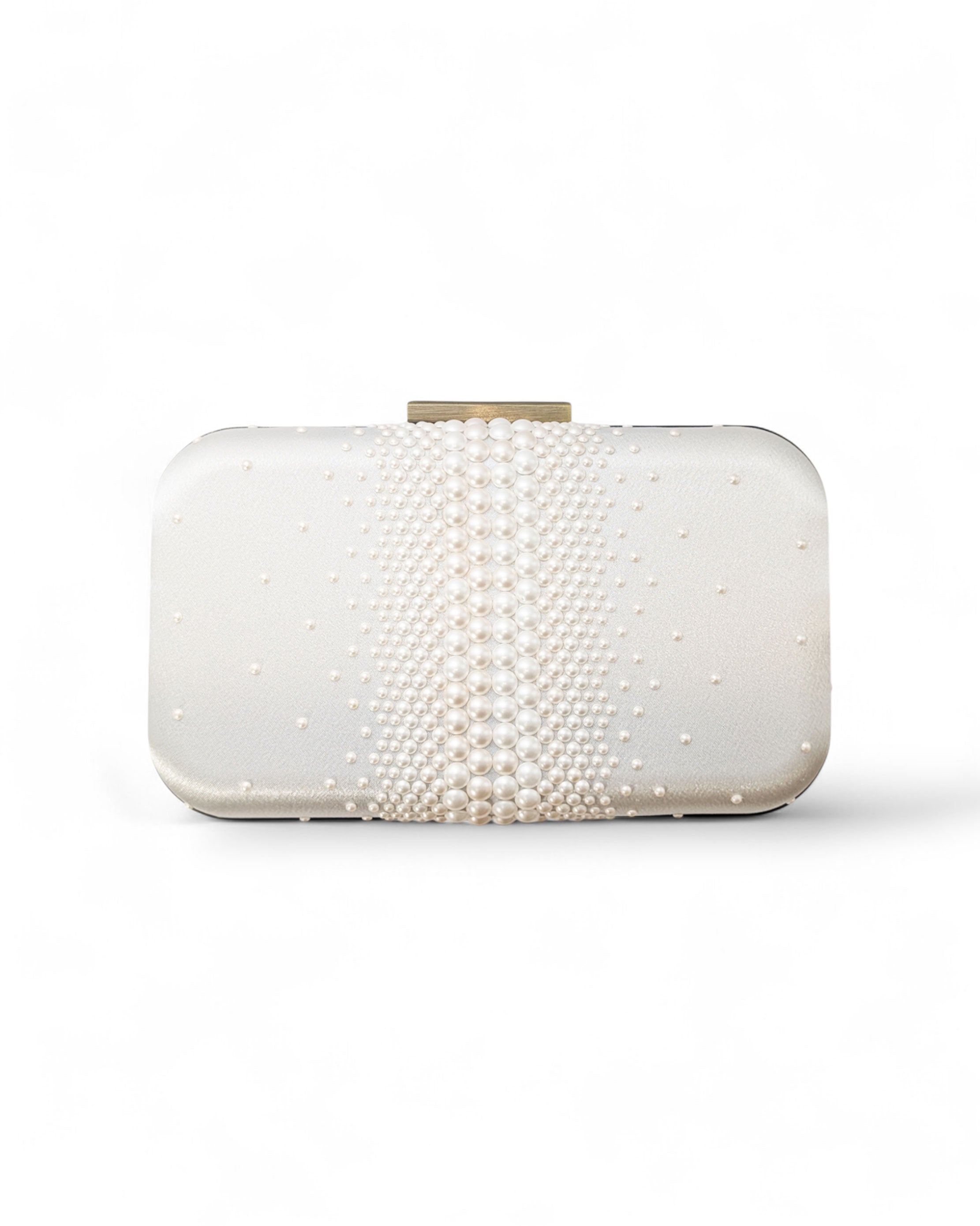 White clutch bag with pearl embellishments on a white background