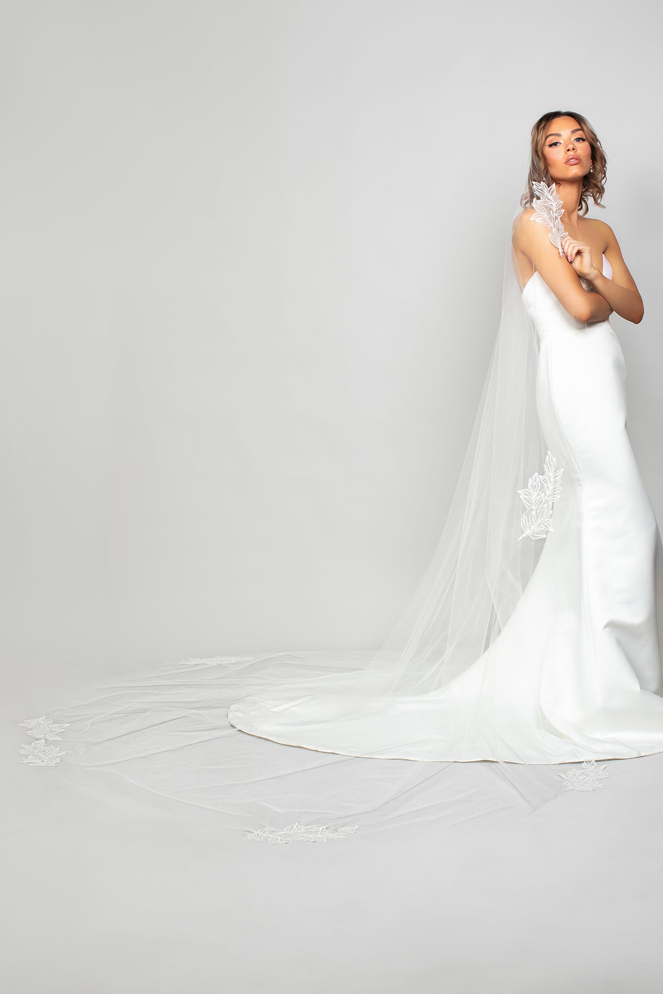Sienna Mantilla Cathedral Veil - Beaded Leaf Lace Appliqus | Ariel Taub Diamond White Sienna Mantilla Cathedral Veil - Beaded Leaf Lace Appliqus | Ariel Taub Diamond White