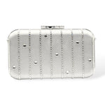 Front view of the Skye crystal clutch in silver, featuring vertical Austrian crystal stripes with scattered round crystal accents on a satin finish.