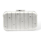 Front view of the Skye crystal clutch in silver, featuring vertical Austrian crystal stripes with scattered round crystal accents on a satin finish.