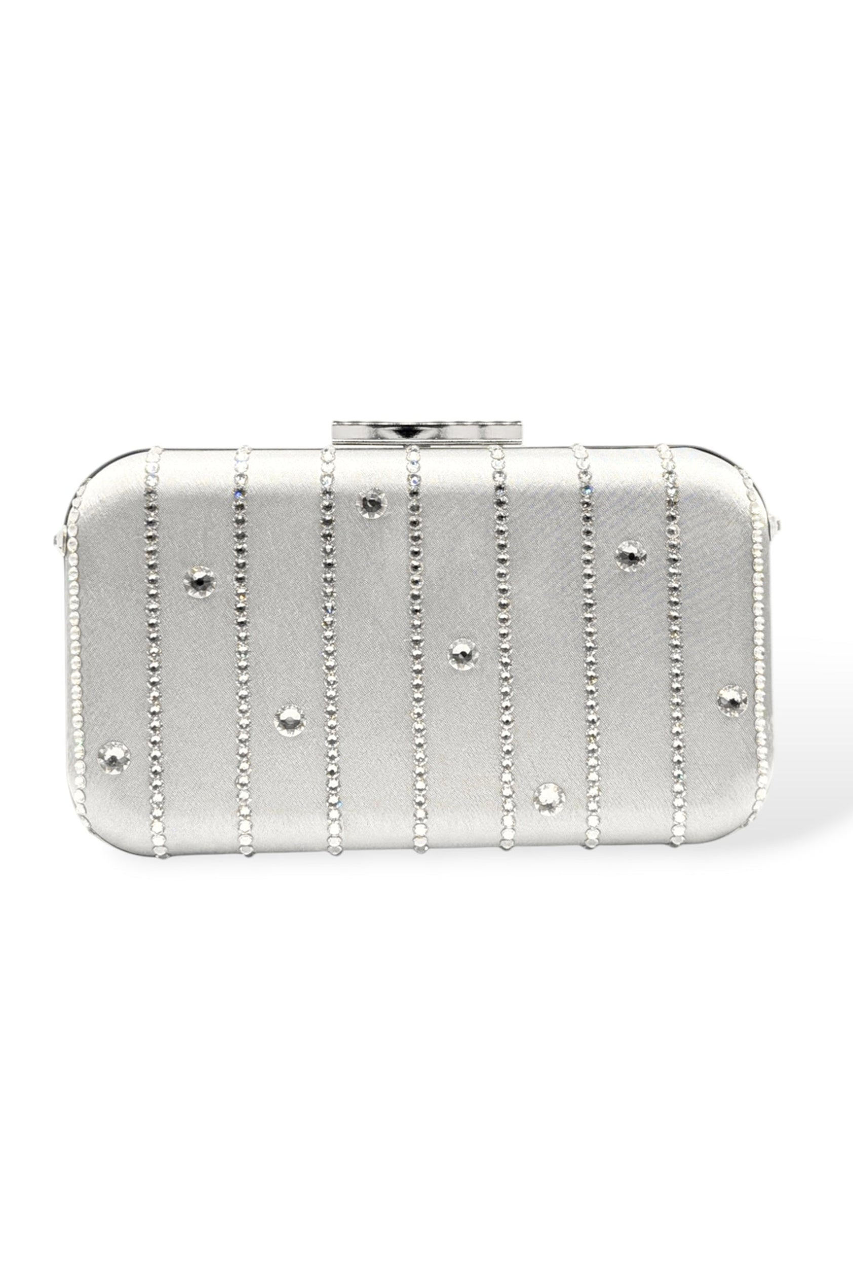 Front view of the Skye crystal clutch in silver, featuring vertical Austrian crystal stripes with scattered round crystal accents on a satin finish.