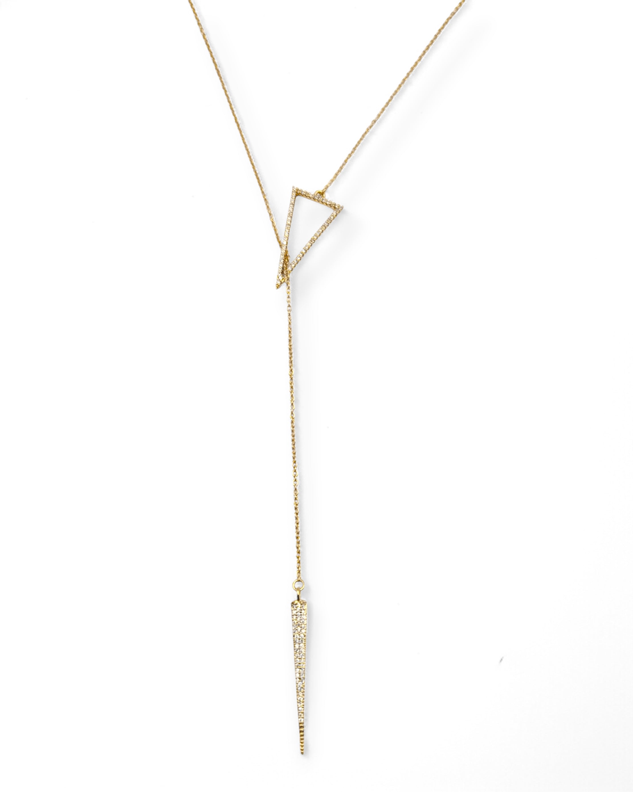 Gold Sutton lariat necklace with triangle loop and pavƩ spike drop