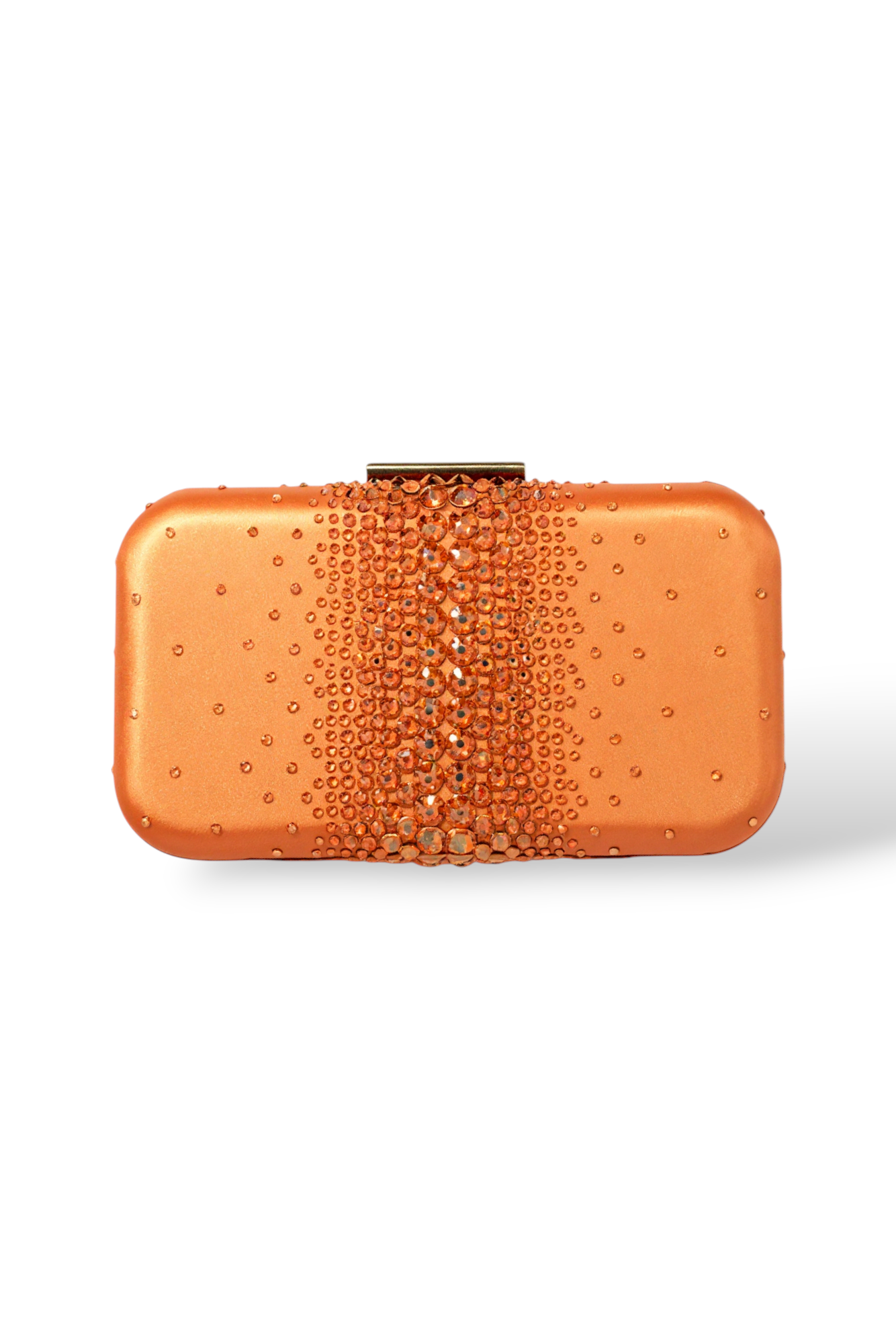 Orange crystal clutch with teal satin lining by Ariel Taub, inspired by Taylor Swift’s Life of a Show Girl