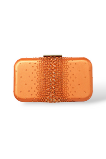 Orange crystal clutch with teal satin lining by Ariel Taub, inspired by Taylor Swift’s Life of a Show Girl