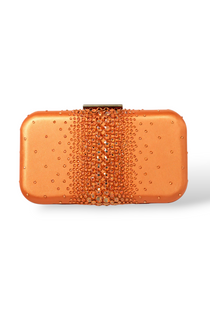 Orange crystal clutch with teal satin lining by Ariel Taub, inspired by Taylor Swift’s Life of a Show Girl