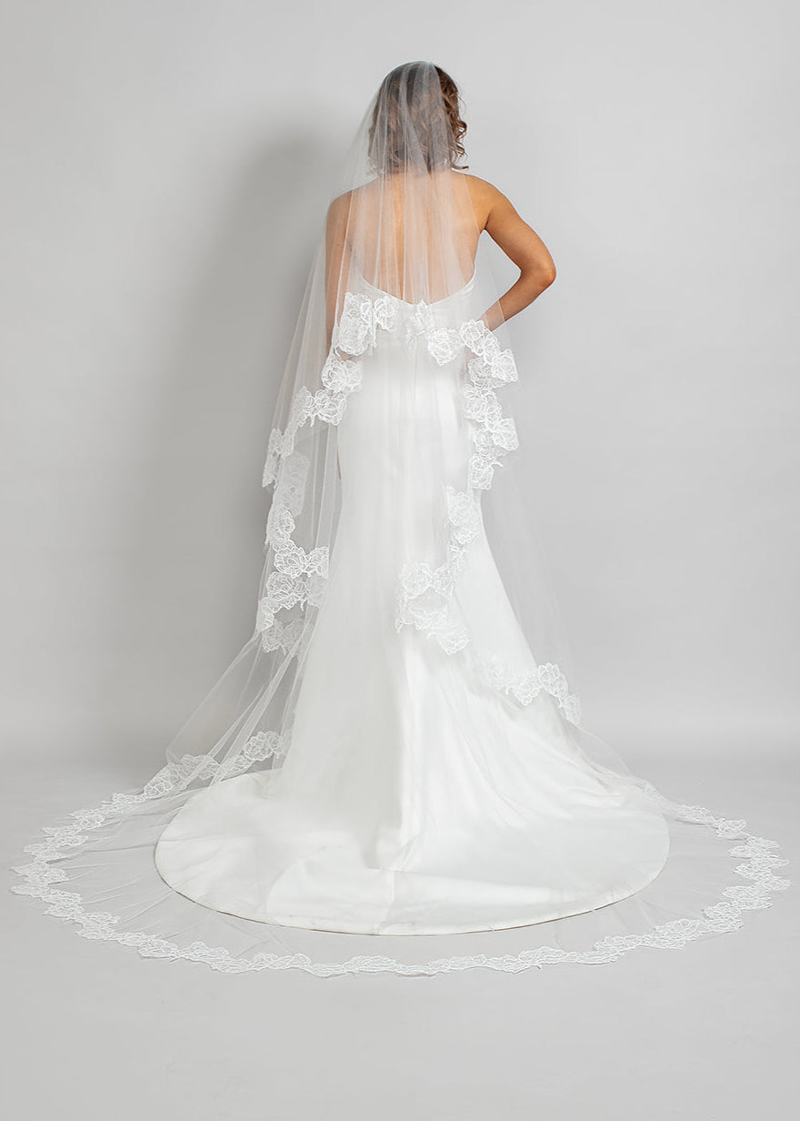 Two tier cathedral length wedding veil with rose re-embroidered lace trim