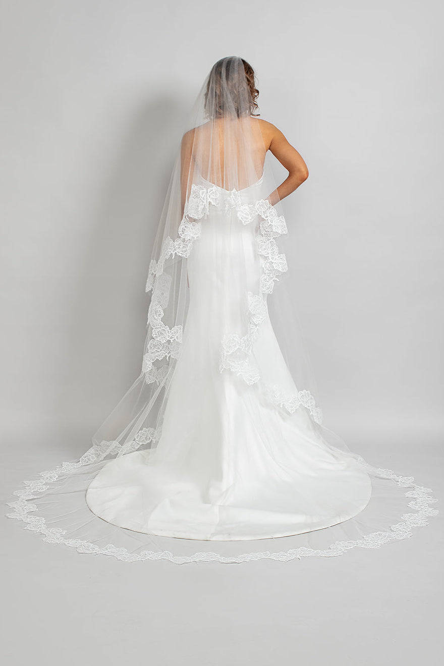 Two tier cathedral length wedding veil with rose re-embroidered lace trim