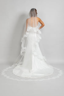 Two tier cathedral length wedding veil with rose re-embroidered lace trim