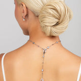 Versatile Silver Reed Necklace worn in the back – Elegant and modern design featuring a sleek crystal silver chain with a minimalist, nature-inspired pendant. Perfect for adding a sophisticated touch to bridal or fashion-forward looks. Ideal for weddings, evening events, or special occasions. Crafted from high-quality materials for durability and style.