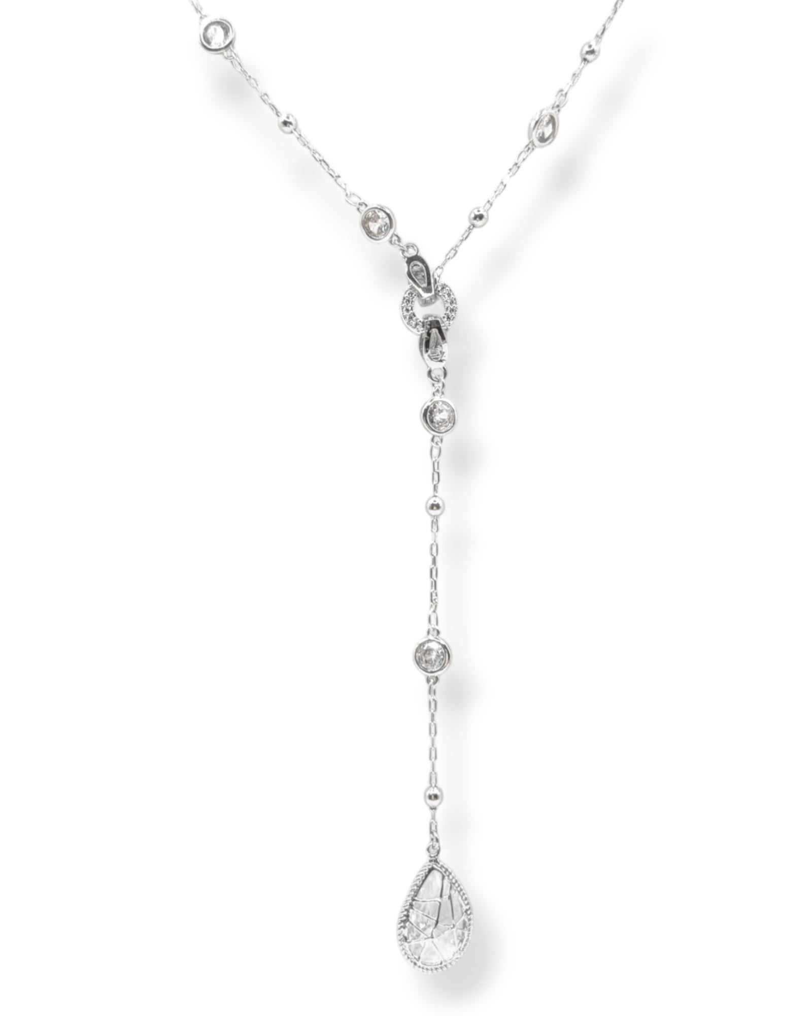 Reed crystal Y-necklace with a detachable teardrop crystal charm allowing it to transition to a choker necklace shown in silver.