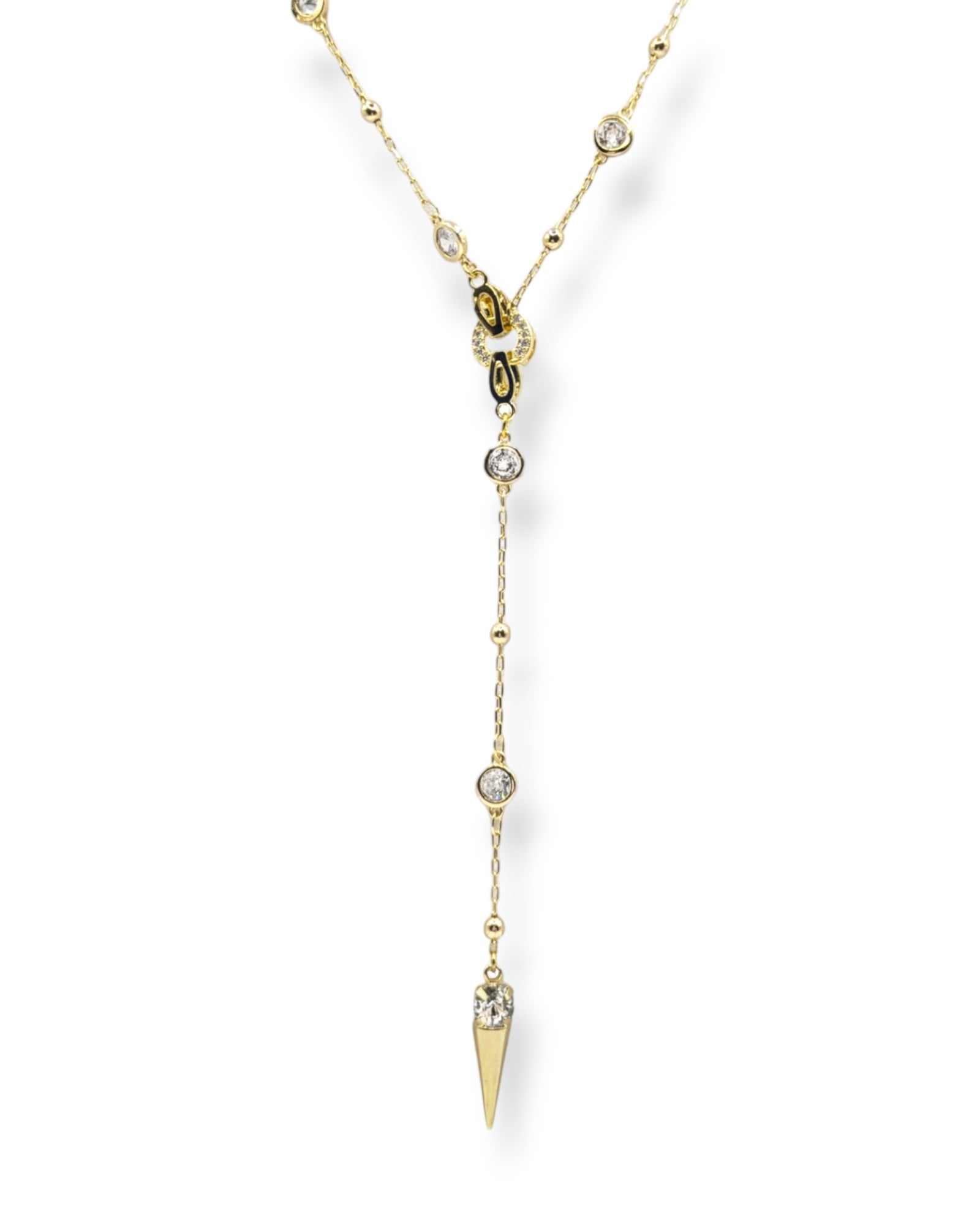 Modern Ricky lariat necklace featuring a gold crystal chain with a detachable spike pendant, perfect for adding understated edge to any outfit.