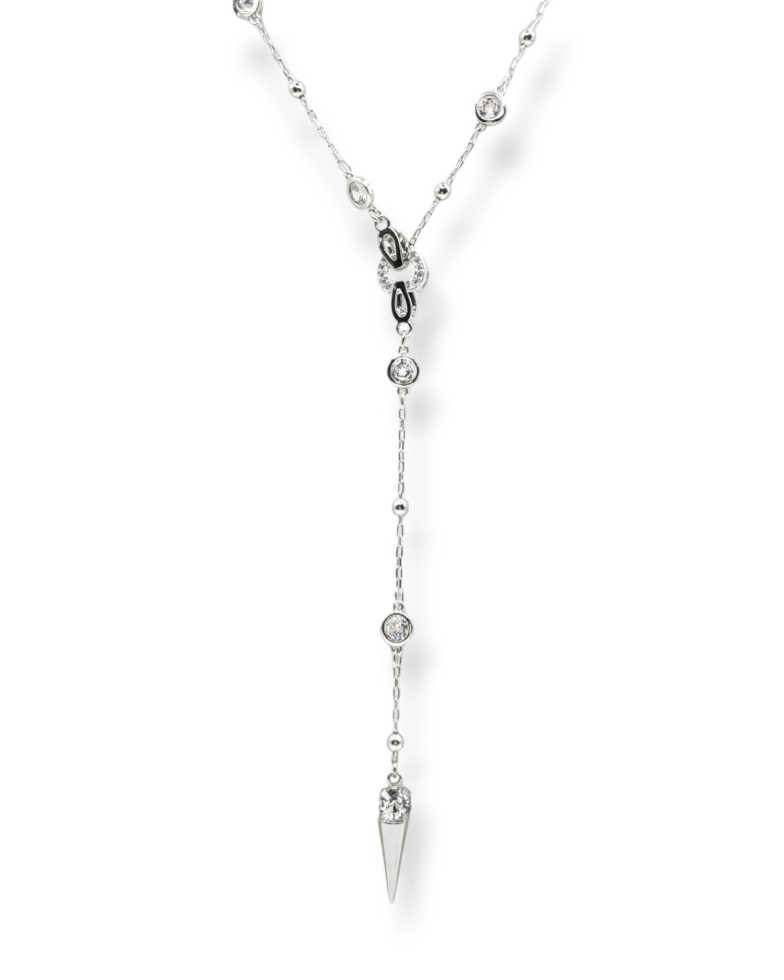 Modern Ricky lariat necklace featuring a silver crystal chain with a detachable spike pendant, perfect for adding understated edge to any outfit.