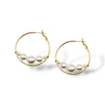 Large gold-plated hoop earrings with floating Austrian pearls along the bottom, perfect for modern fashion  or bridal looks.