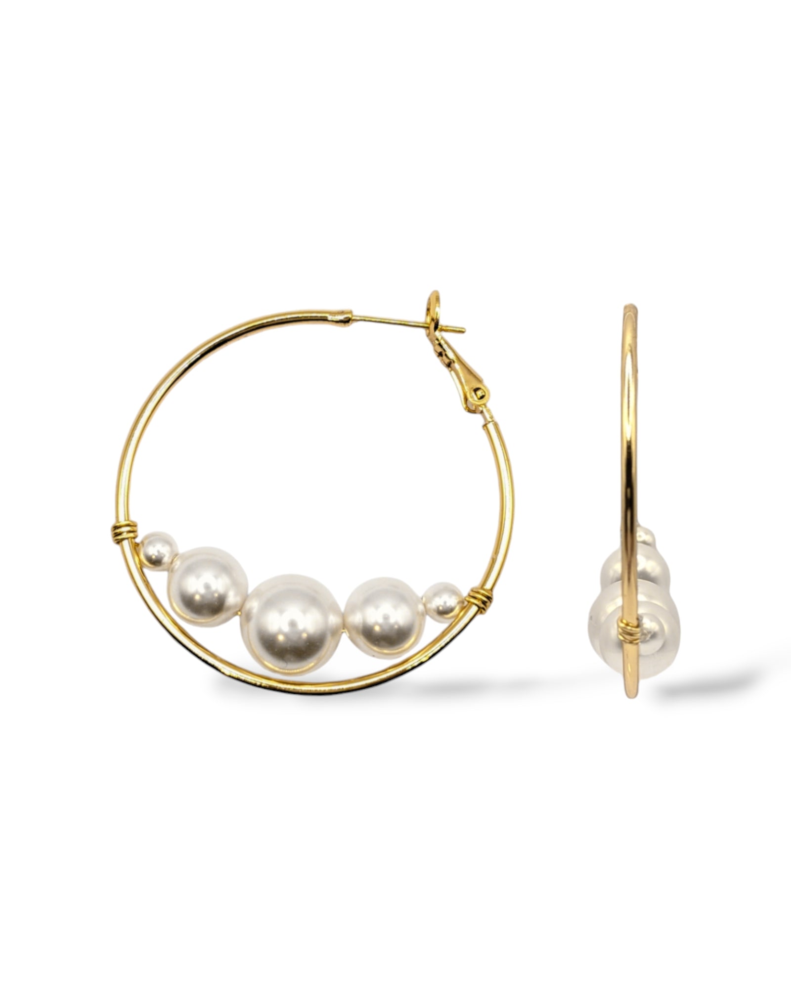 Front and side views of the Rio large gold-plated hoop earrings with floating Austrian pearls, perfect for modern fashion looks.