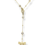 Gold Ryan Y-necklace showcasing its detachable pave crystal bow pendant for a unique and modern bridal or fashion statement.