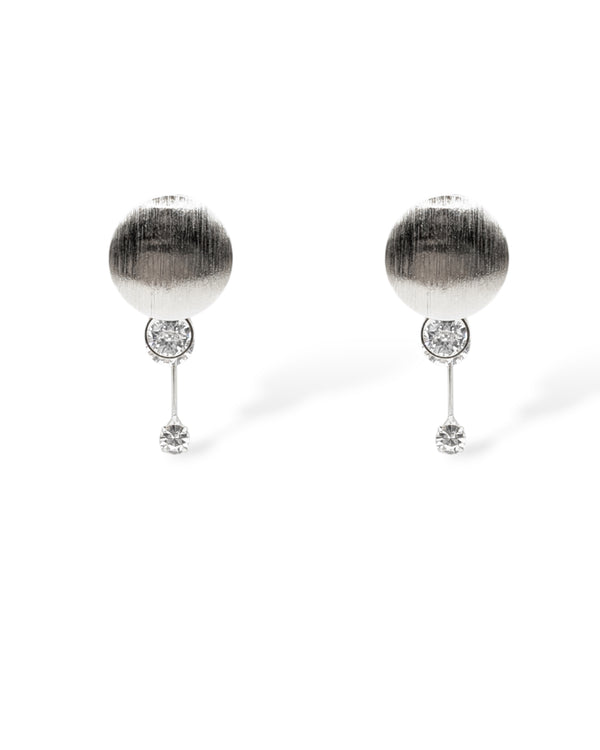 Stacey silver drop earrings with brushed metal discs and CZ crystals