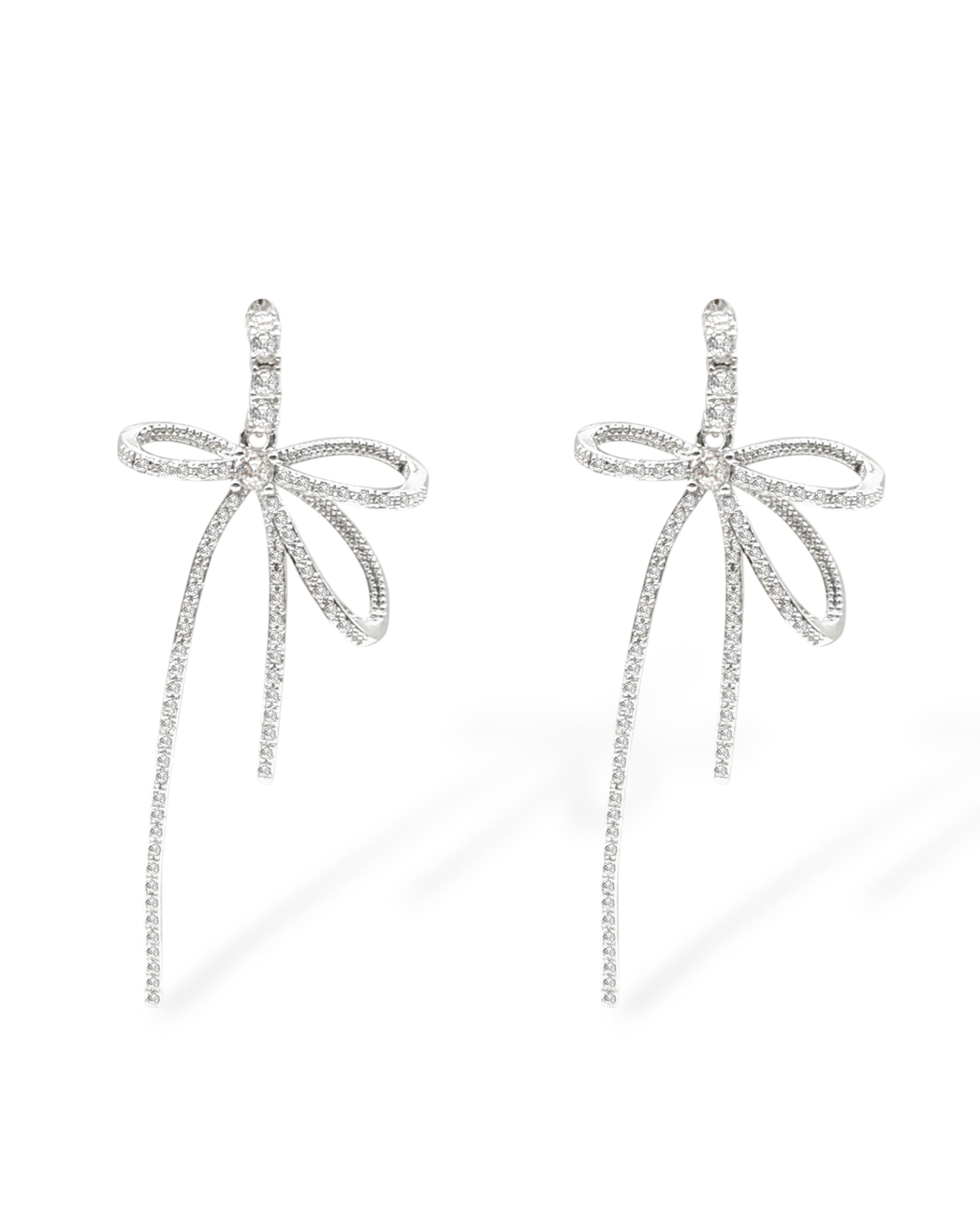 Summer bow earrings in silver with pavé CZ crystals and long cascading drops