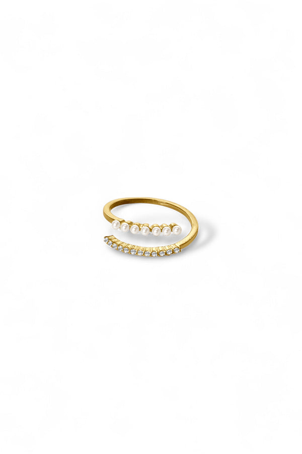 Tai gold split band ring with pavé crystals and micro pearls by Ariel Taub
