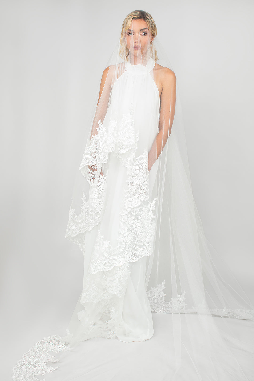 Front view of the Tiana veil showing blusher and lace details