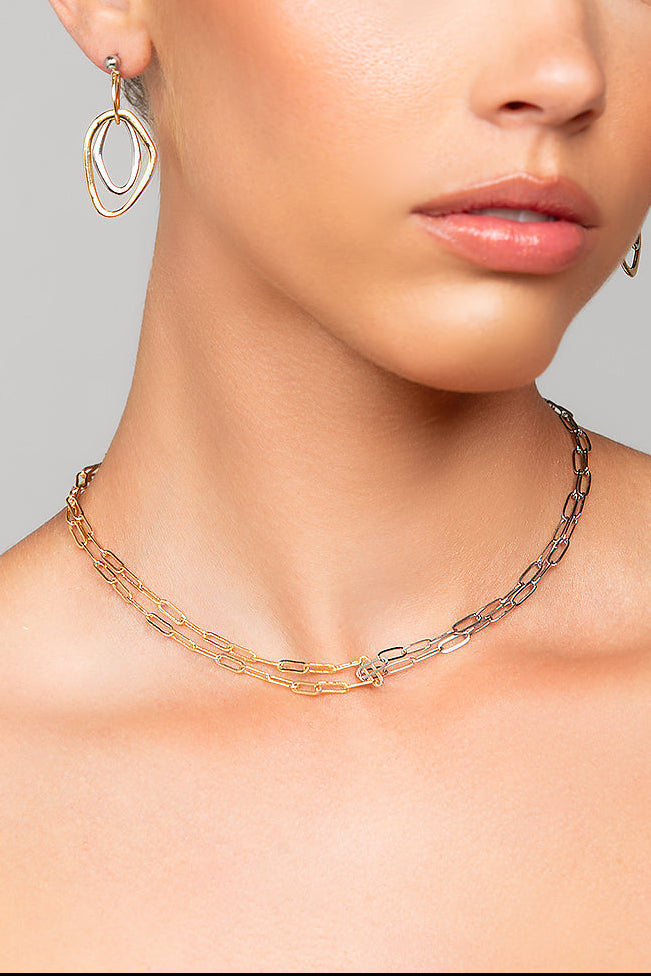 Model wearing Tiffany necklace with pendant in the back by Ariel Taub, showing the front view of the mix metal choker necklace
