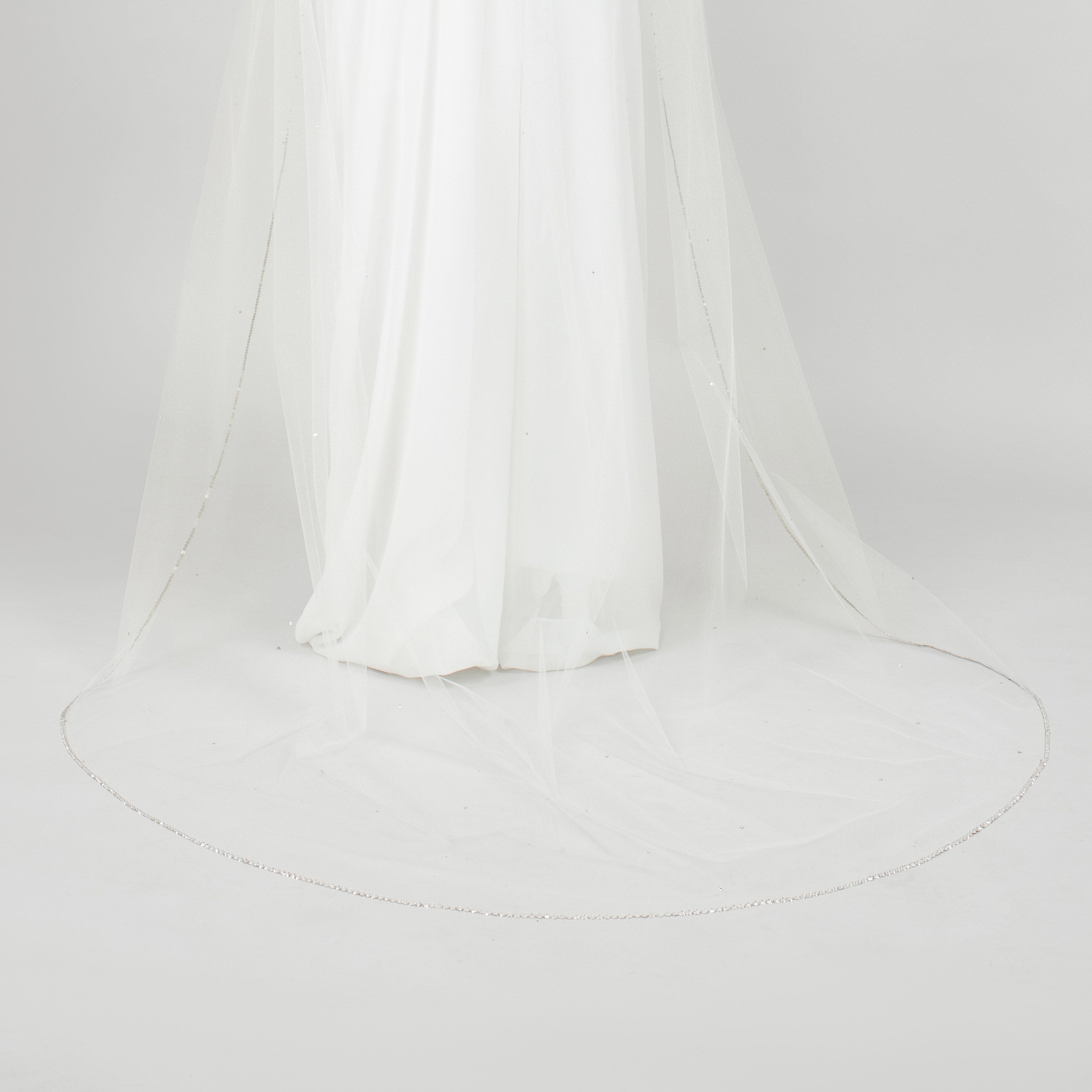 Back view of Tinsley veil showing Austrain crystal border detail up close