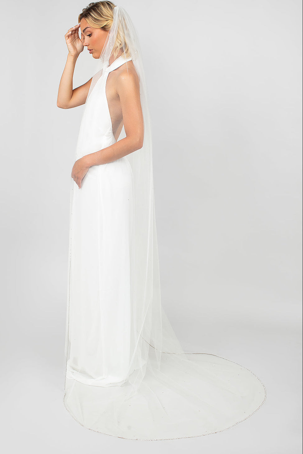 Model wearing the Tinsley chapel-length veil with scattered Austrian crystals by Ariel Taub