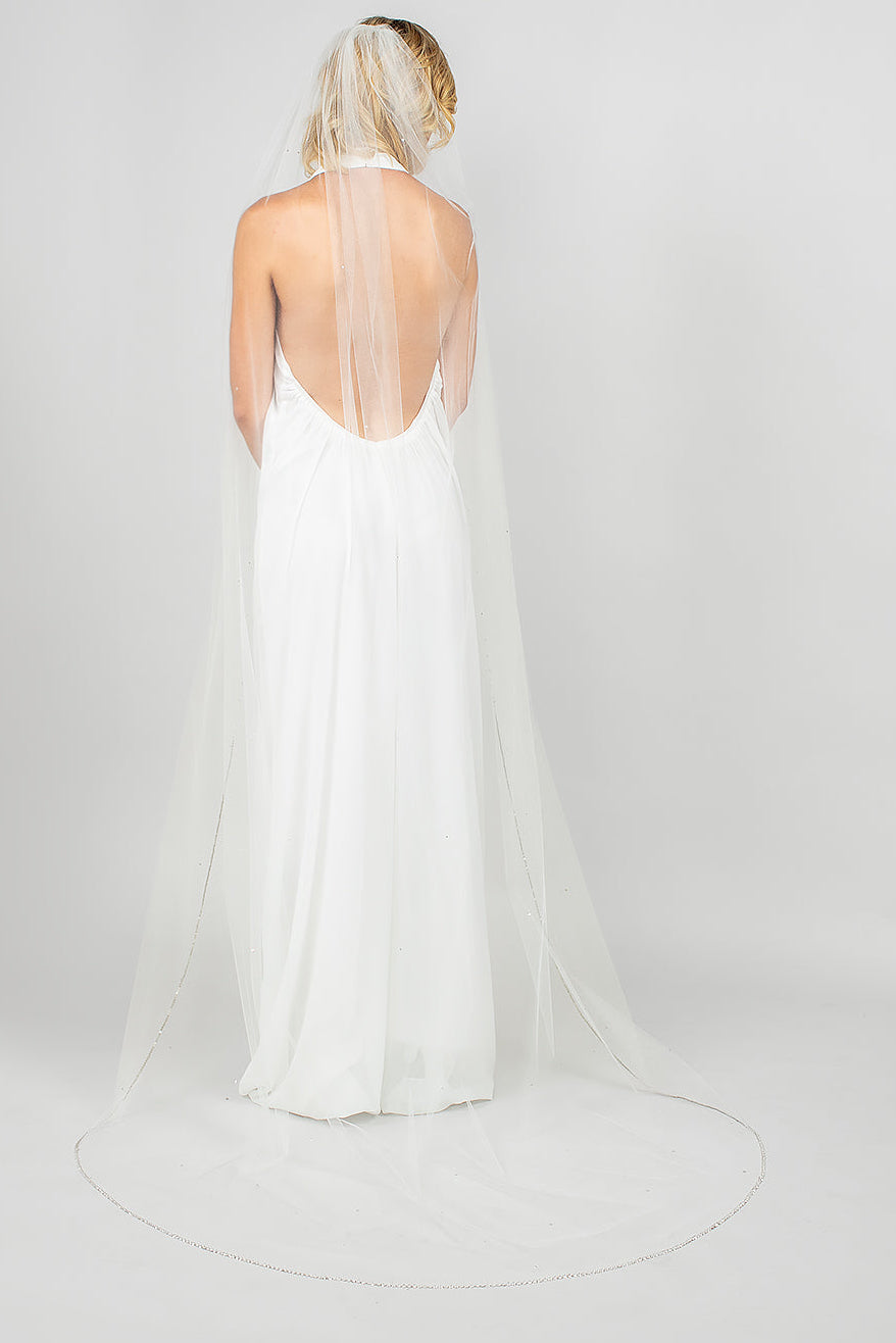 Back view of Tinsley veil showing crystal border detail