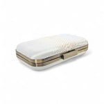 Top View Off-white satin bridal clutch with Austrian pearl embellishments and antique brass frame by Ariel Taub — Tresor Clutch.