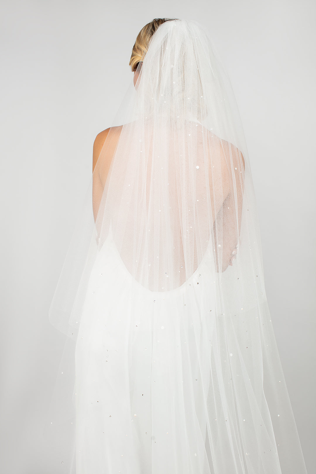 Back view of Twinkle veil showcasing Austrian pearls and crystals throughout