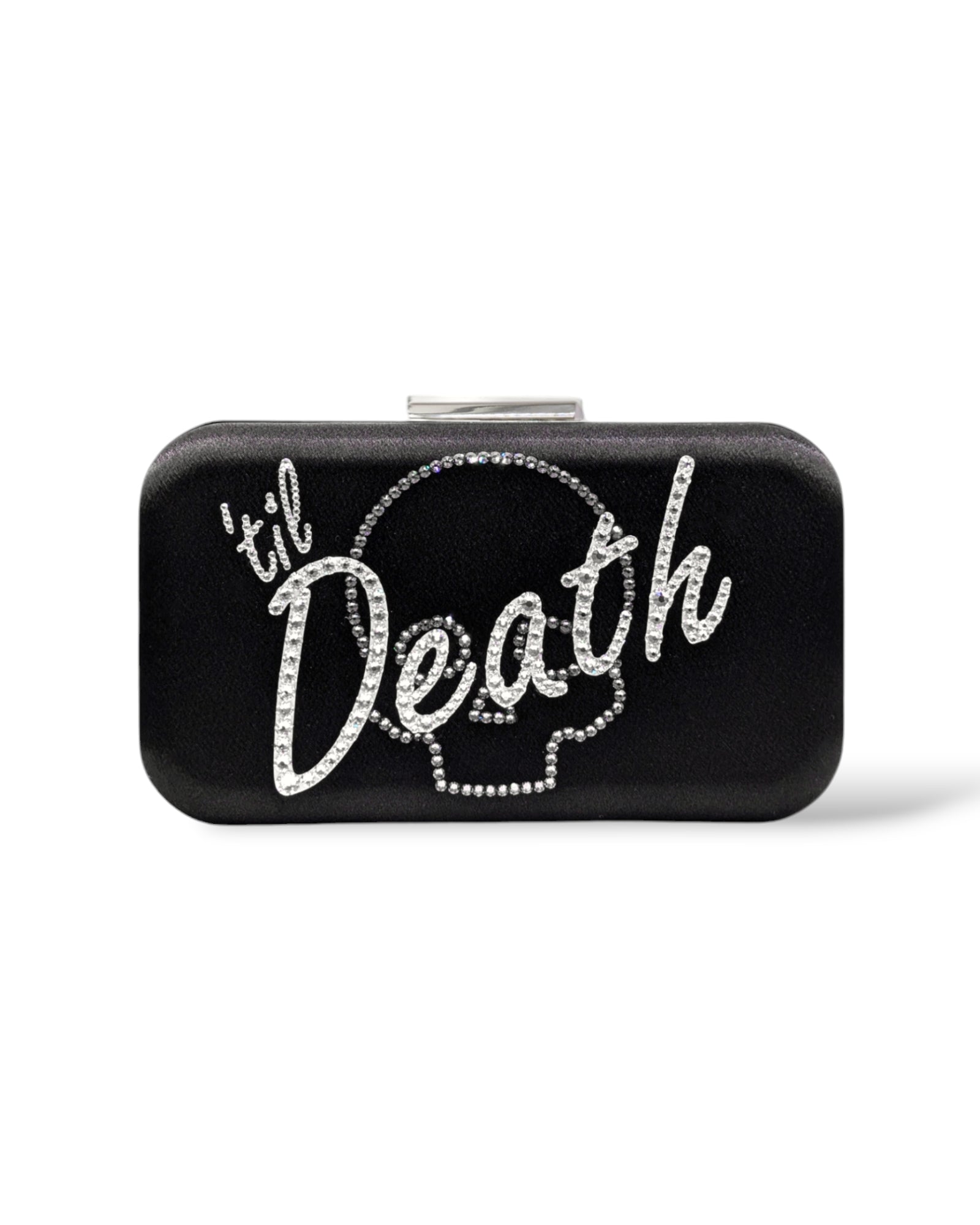 Black satin clutch with 'til death' in Austrian crystals, featuring a crystal skull design for edgy brides