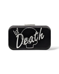 Black satin clutch with 'til death' in Austrian crystals, featuring a crystal skull design for edgy brides